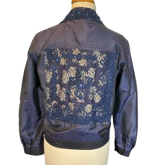 Coldwater Creek Silk Blend Shantung Jacket Size Small Embroidered Blue - Picture 3 of 10